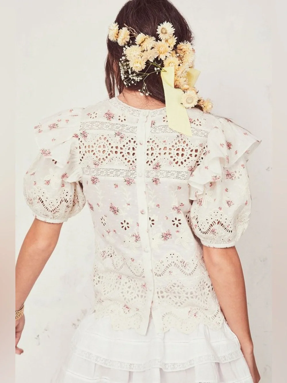 LoveShackFancy Tilda Top in French Cream/Pink Floral, Size Small